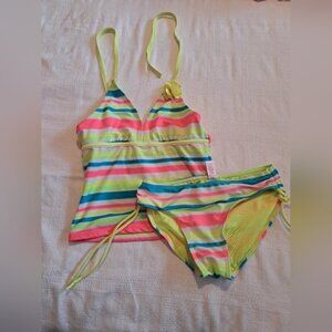 Justice girls neon striped tankini swim suit VGUC